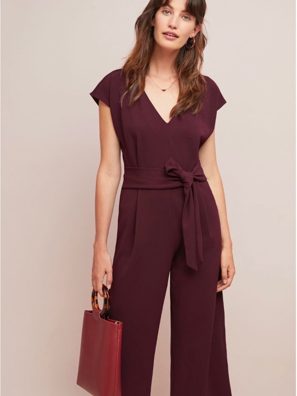 Anthropologie V-Neck Tie-Waist Jumpsuit in Plum